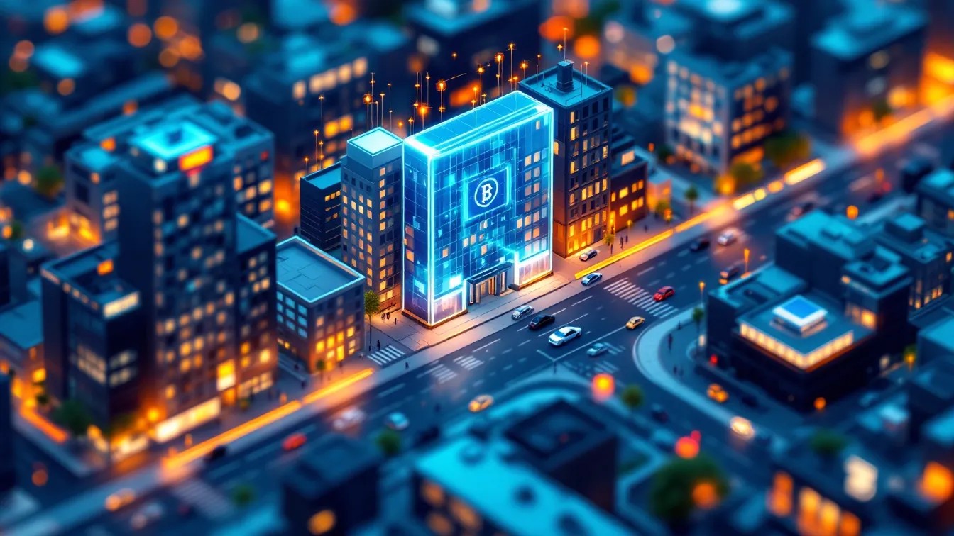 Digital graphic highlighting smart, decentralized urban planning with innovative blockchain technology