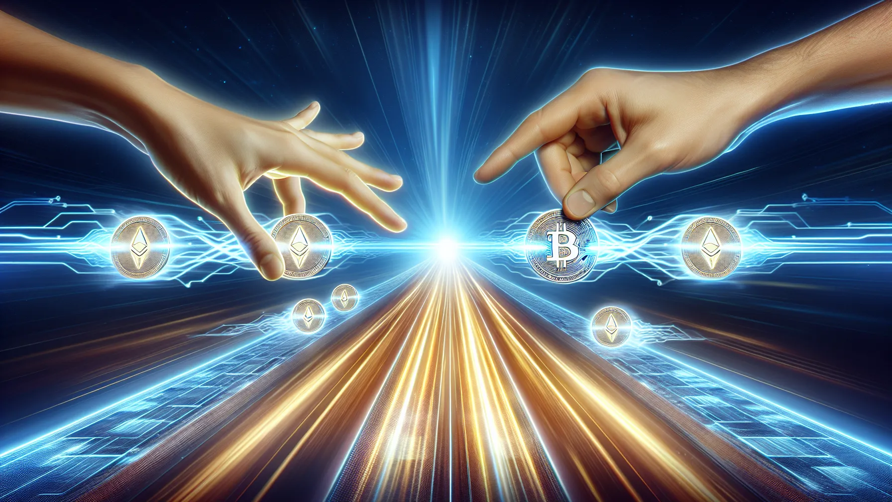 Two hands exchanging wrapped stETH tokens on a glowing L2 highway, signifying low fees and high-speed transactions. Two people exchanging WSTETH tokens on a futuristic L2 highway